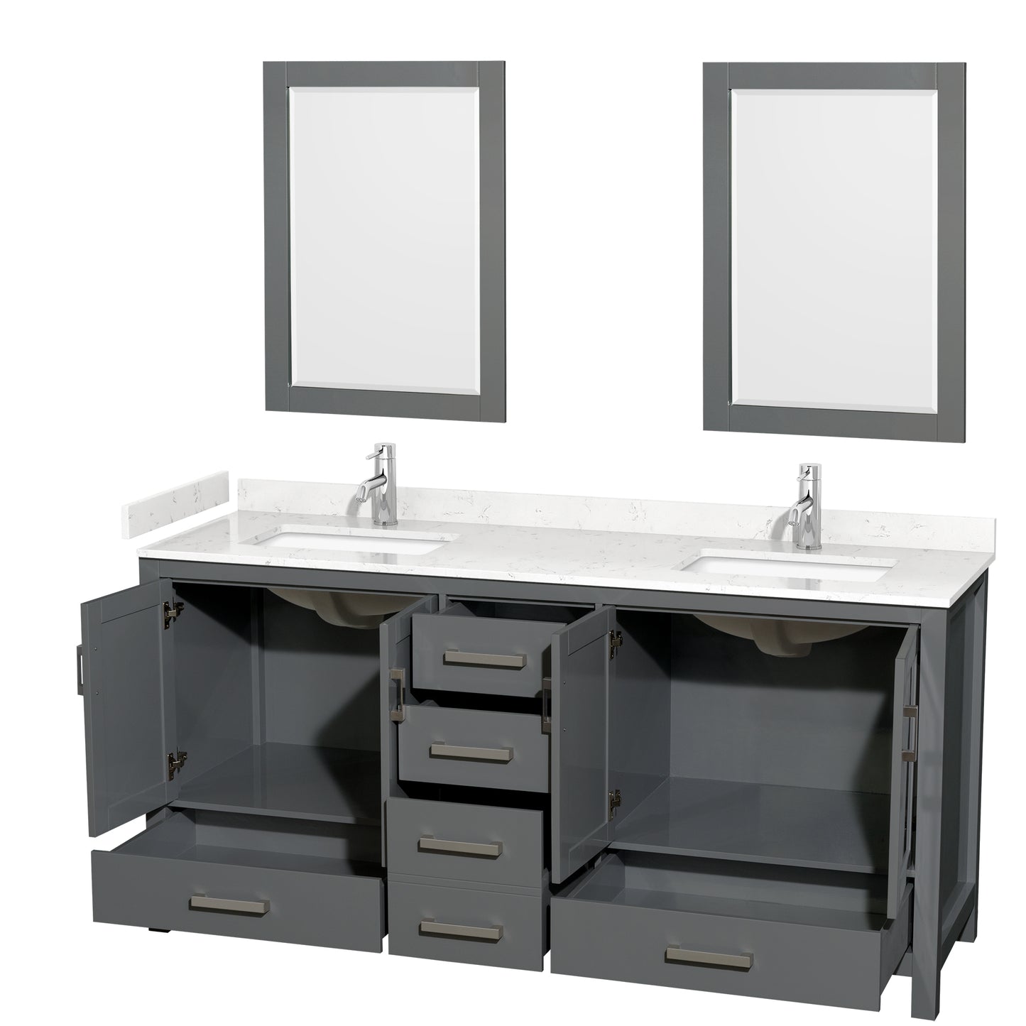 Sheffield 72" Double Vanity in Dark Gray, Carrara Marble Top, Square 24" Mirrors