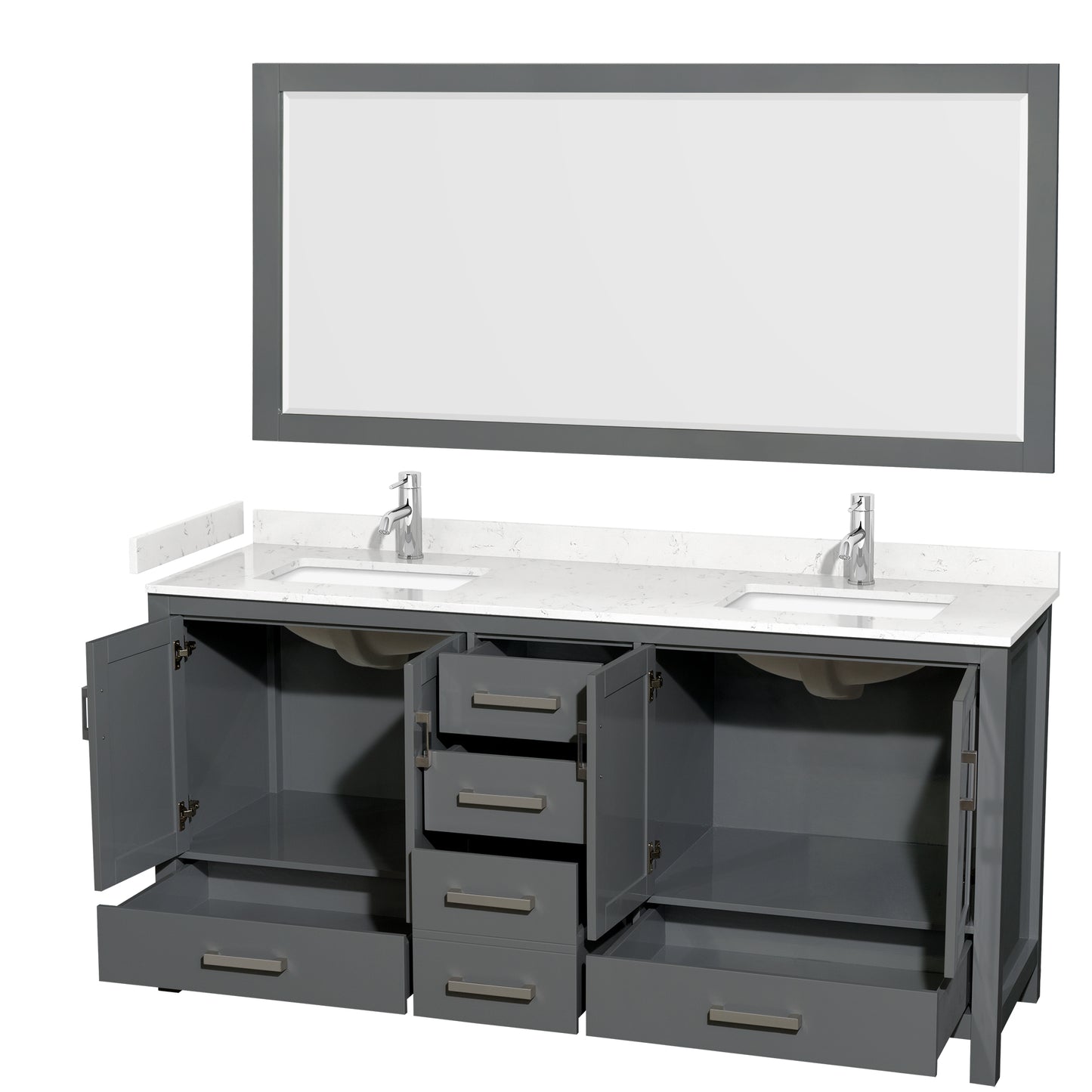 Sheffield 72" Double Vanity in Dark Gray, Carrara Marble Top, Square 70" Mirror