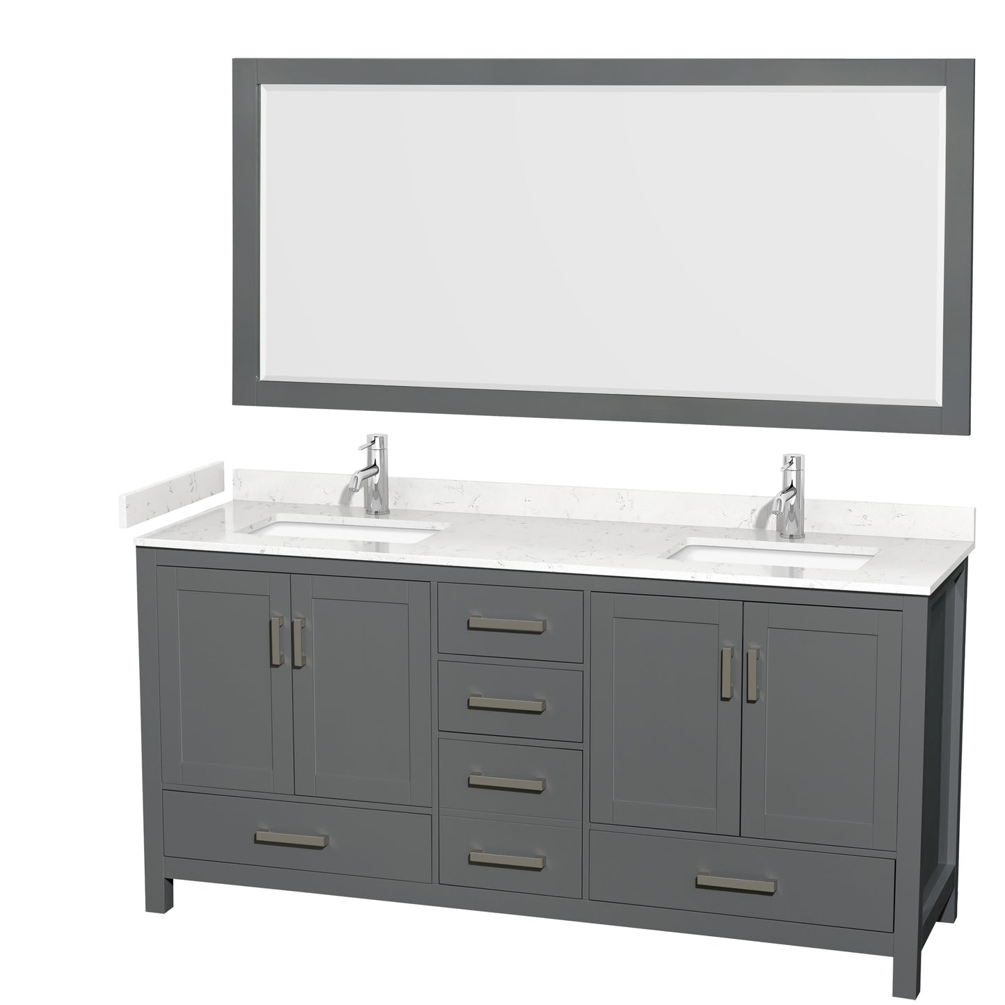 Sheffield 72" Double Vanity in Dark Gray, Carrara Marble Top, Square 70" Mirror