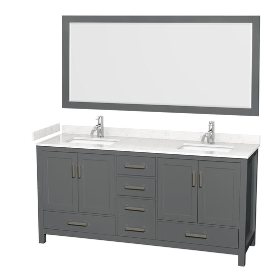 Sheffield 72" Double Vanity in Dark Gray, Carrara Marble Top, Square 70" Mirror