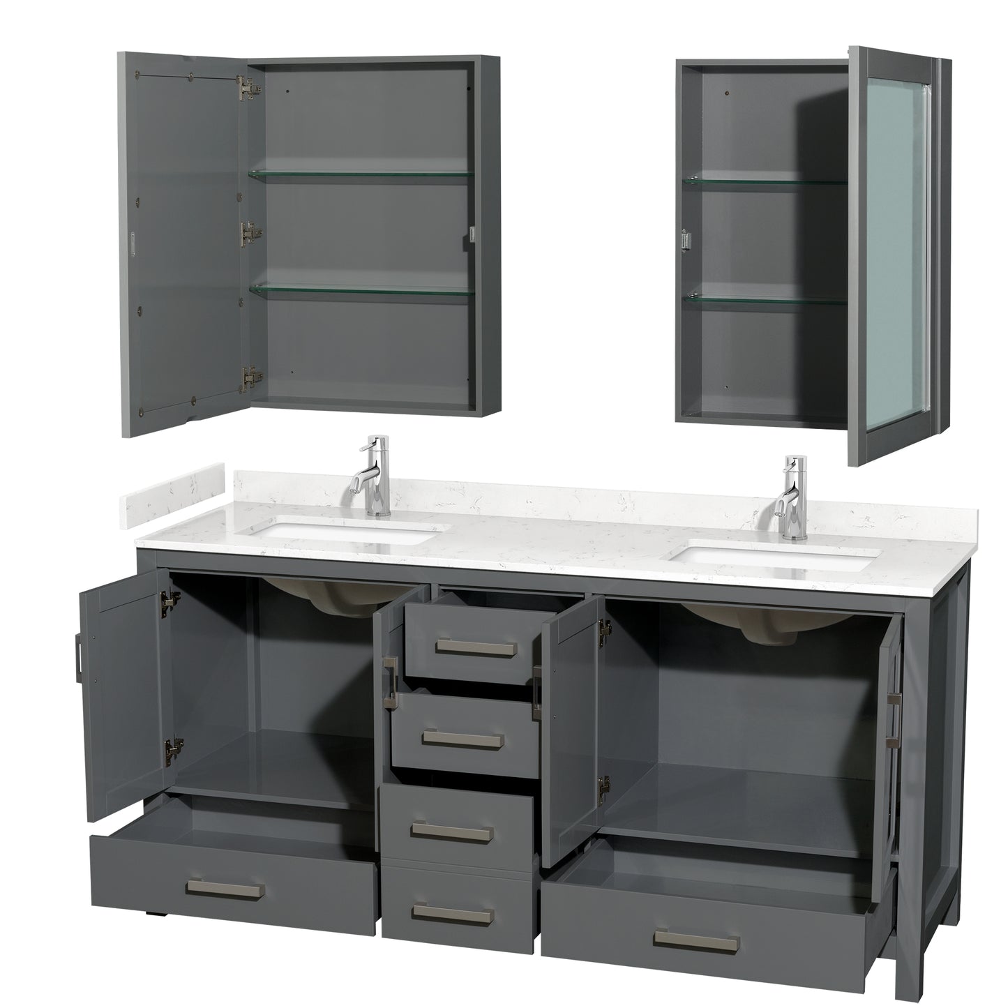 Sheffield 72" Double Vanity in Dark Gray, Carrara Marble Top, Medicine Cabinets