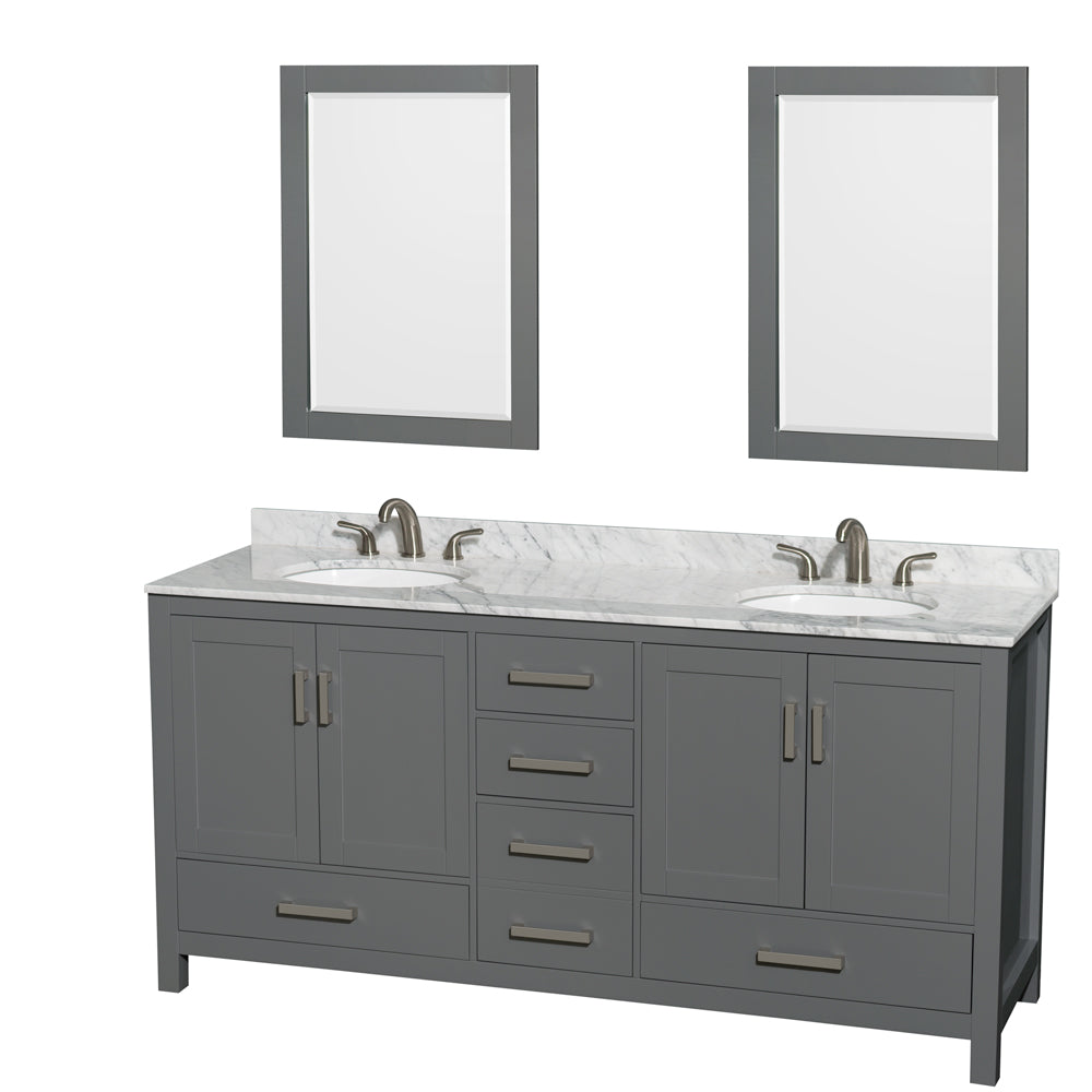 Sheffield 72 inch Double Bathroom Vanity in Dark Gray, White Carrara Marble Countertop, Undermount Oval Sinks, and 24 inch Mirrors