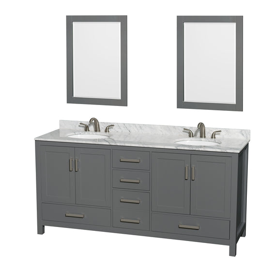 Sheffield 72" Double Vanity in Dark Gray, Top, Oval Sinks, 24" Mirrors