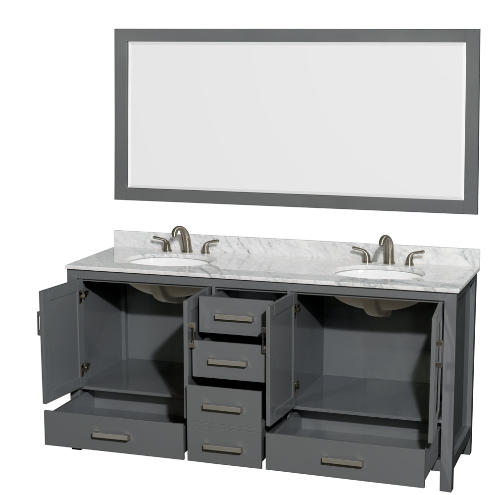 Sheffield 72" Double Vanity in Dark Gray, Top, Oval Sinks, 70" Mirror