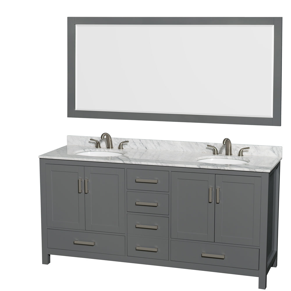 Sheffield 72 inch Double Bathroom Vanity in Dark Gray, White Carrara Marble Countertop, Undermount Oval Sinks, and 70 inch Mirror