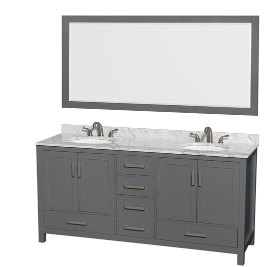 Sheffield 72" Double Vanity in Dark Gray, Top, Oval Sinks, 70" Mirror