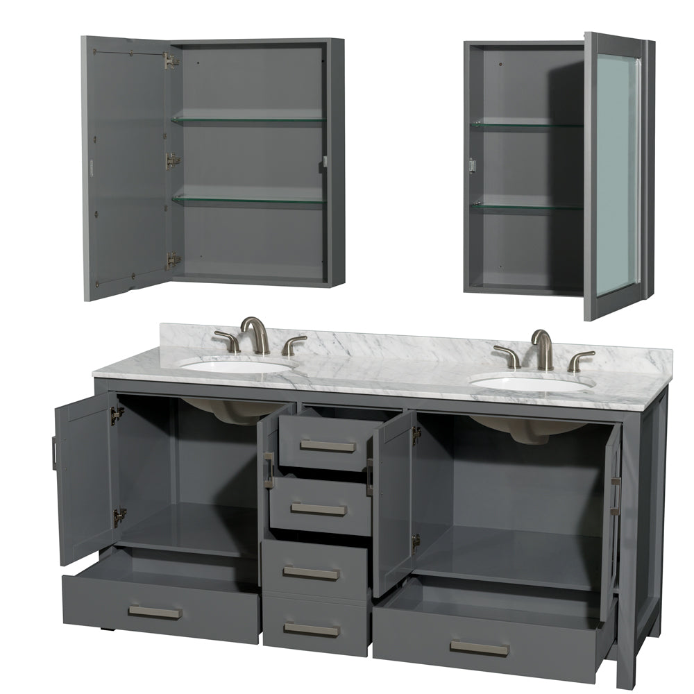 Sheffield 72" Double Vanity in Dark Gray, Top, Oval Sinks, Medicine Cabinets