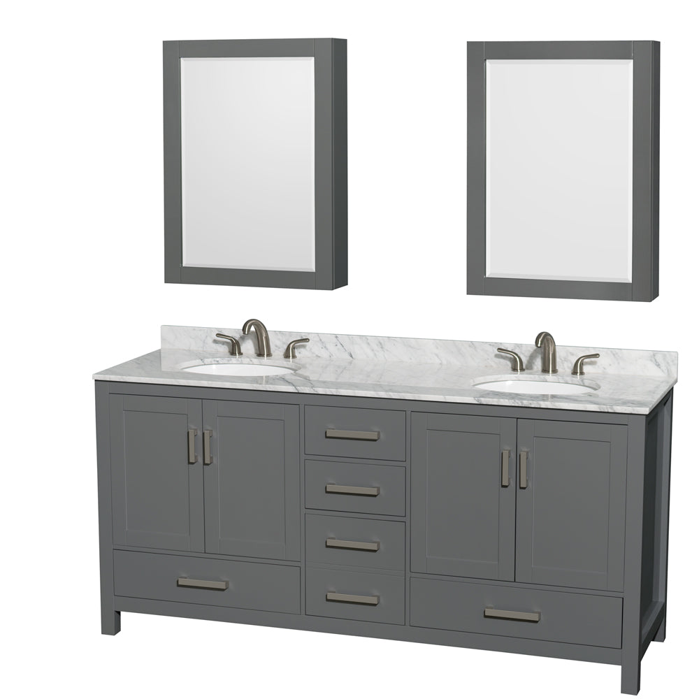 Sheffield 72 inch Double Bathroom Vanity in Dark Gray, White Carrara Marble Countertop, Undermount Oval Sinks, and Medicine Cabinets