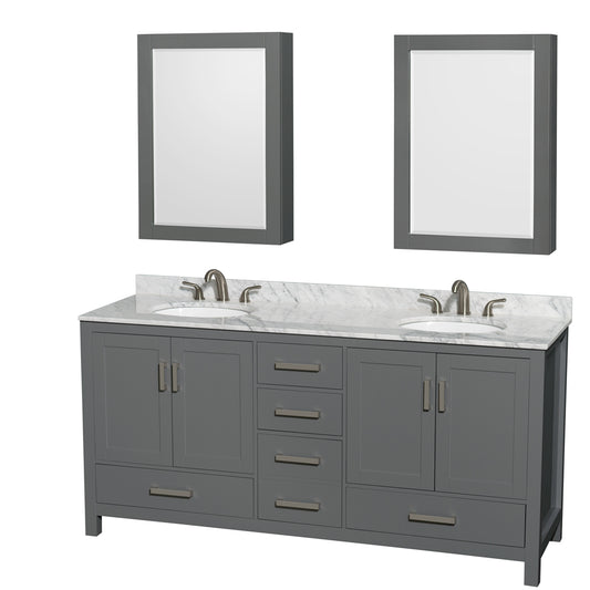 Sheffield 72" Double Vanity in Dark Gray, Top, Oval Sinks, Medicine Cabinets