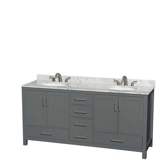 Sheffield 72 inch Double Bathroom Vanity in Dark Gray, White Carrara Marble Countertop, Undermount Oval Sinks, and No Mirror