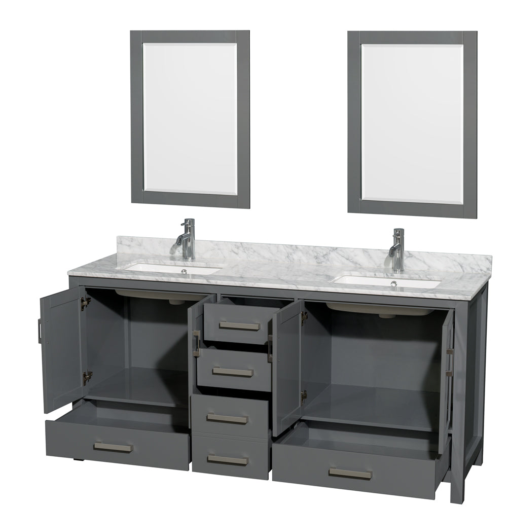 Sheffield 72" Double Vanity in Dark Gray, Top, Square Sinks, 24" Mirrors