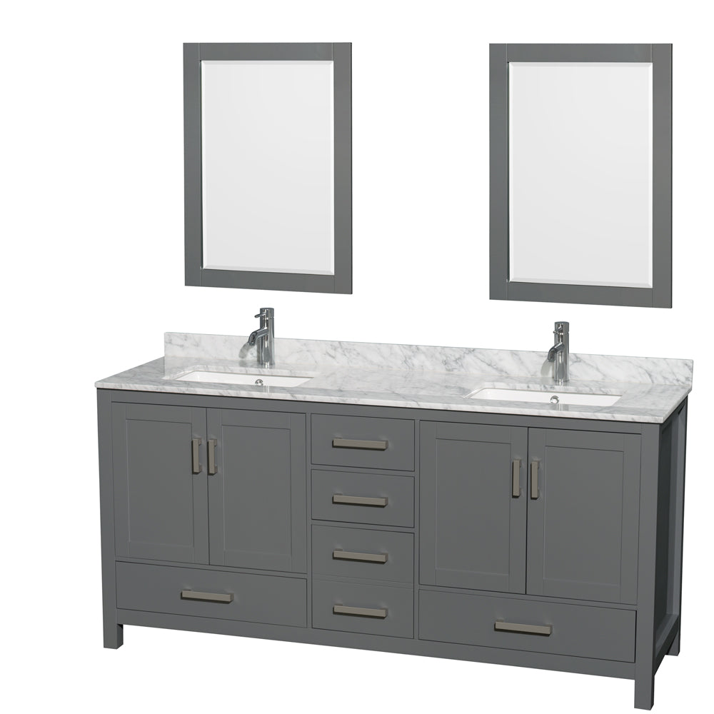 Sheffield 72 inch Double Bathroom Vanity in Dark Gray, White Carrara Marble Countertop, Undermount Square Sinks, and 24 inch Mirrors