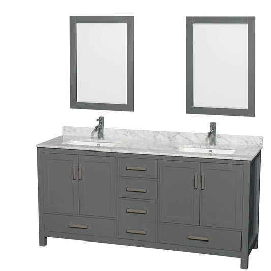 Sheffield 72" Double Vanity in Dark Gray, Top, Square Sinks, 24" Mirrors