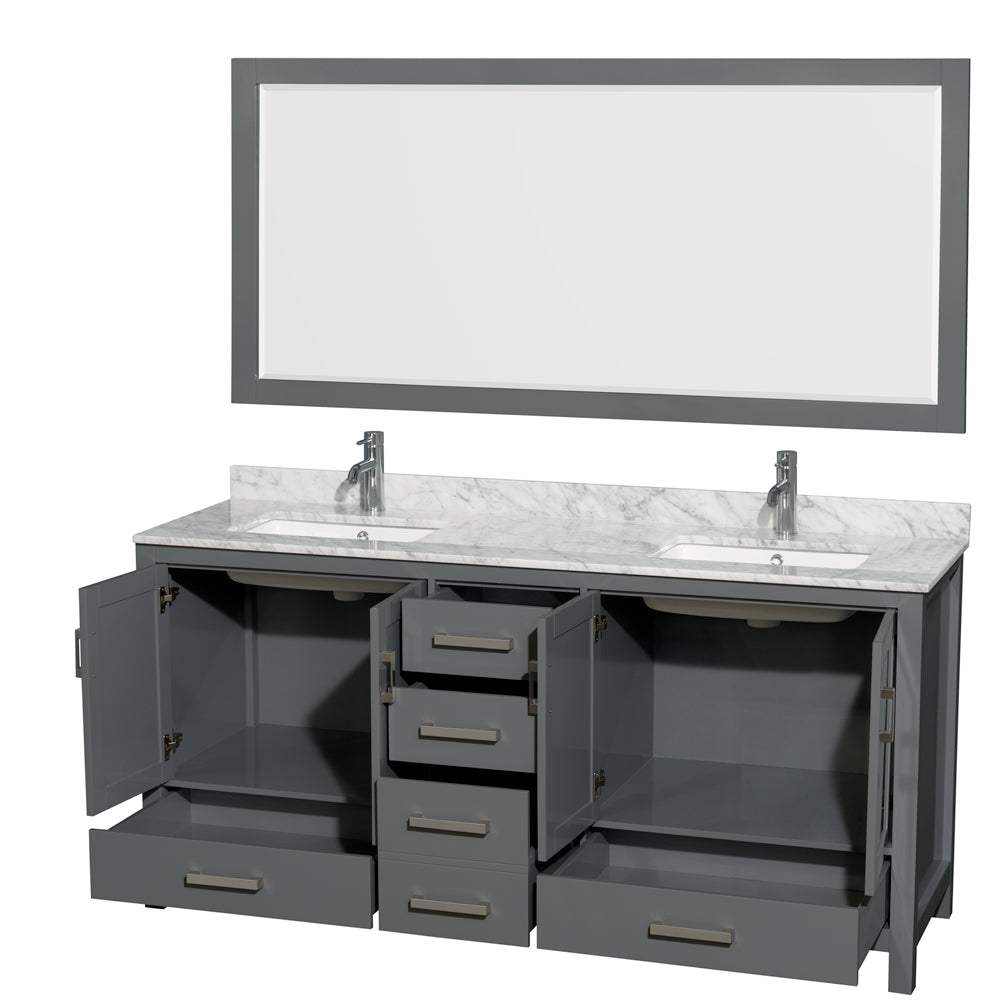 Sheffield 72" Double Vanity in Dark Gray, Top, Square Sinks, 70" Mirror