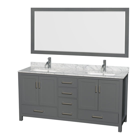 Sheffield 72 inch Double Bathroom Vanity in Dark Gray, White Carrara Marble Countertop, Undermount Square Sinks, and 70 inch Mirror