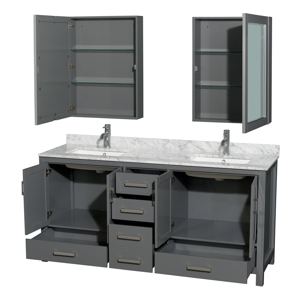 Sheffield 72" Double Vanity in Dark Gray, Top, Square Sinks, Medicine Cabinets