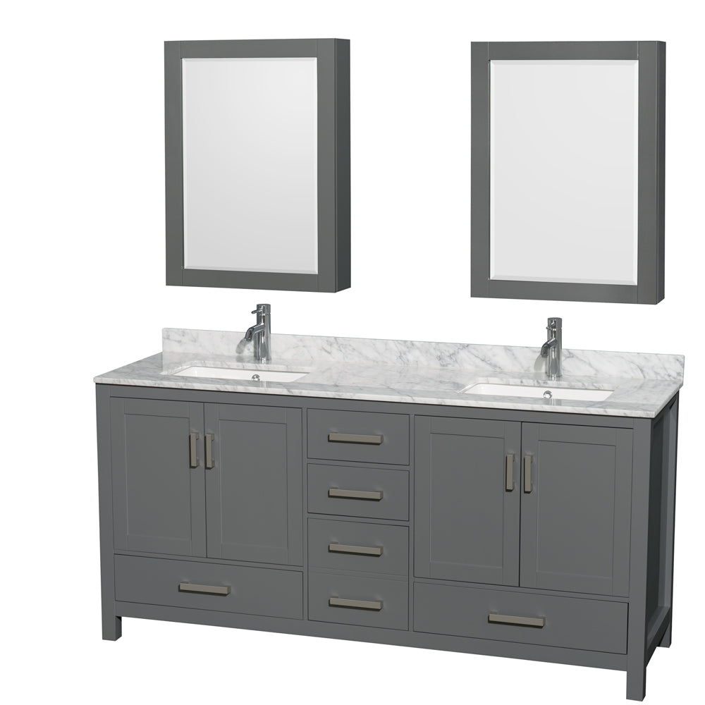 Sheffield 72 inch Double Bathroom Vanity in Dark Gray, White Carrara Marble Countertop, Undermount Square Sinks, and Medicine Cabinets