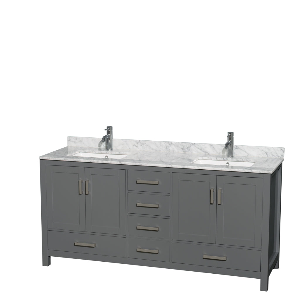 Sheffield 72 inch Double Bathroom Vanity in Dark Gray, White Carrara Marble Countertop, Undermount Square Sinks, and No Mirror