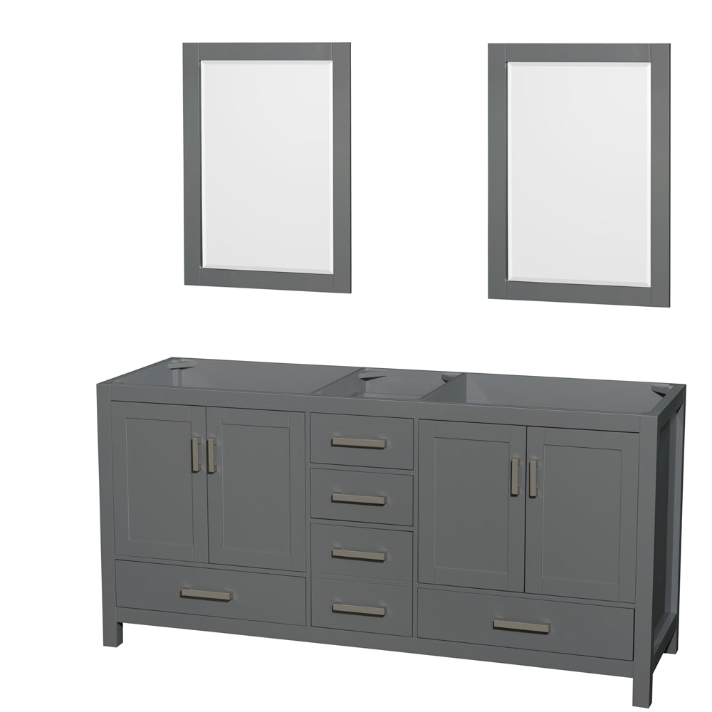 Sheffield 72 inch Double Bathroom Vanity in Dark Gray, No Countertop, No Sink, and 24 inch Mirrors