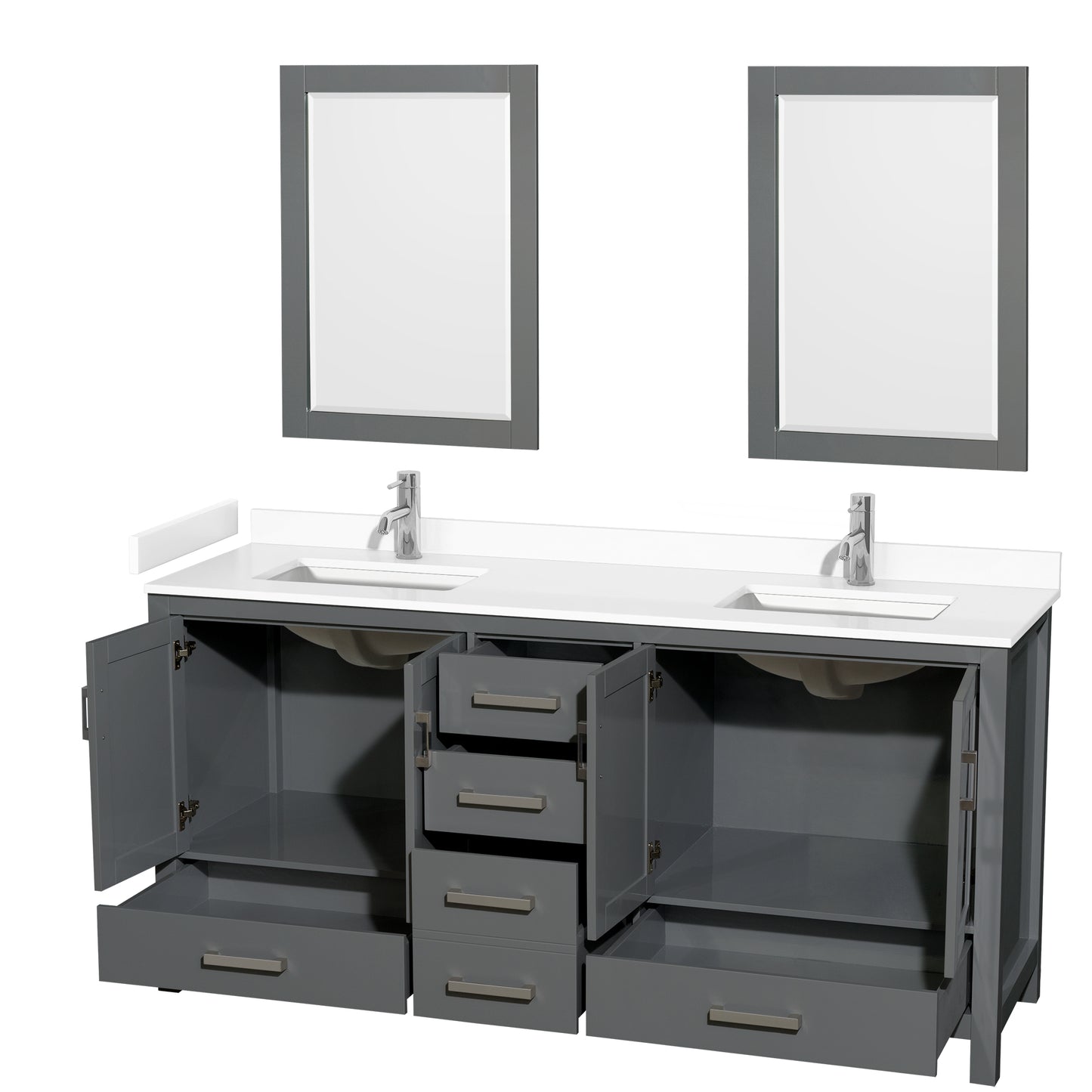 Sheffield 72" Double Vanity in Dark Gray, White Marble Top, Square 24" Mirrors