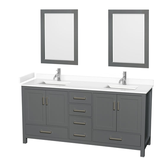 Sheffield 72" Double Vanity in Dark Gray, White Marble Top, Square 24" Mirrors