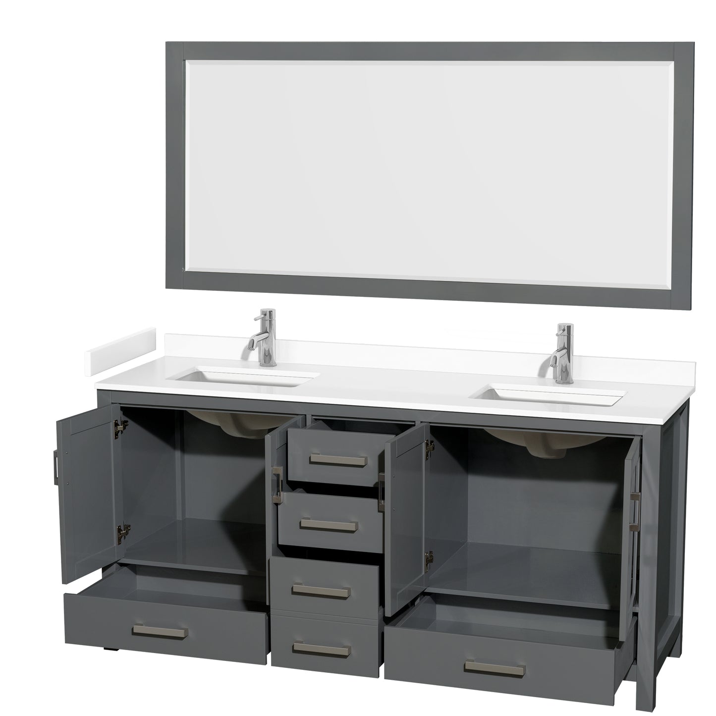 Sheffield 72" Double Vanity in Dark Gray, White Marble Top, Square 70" Mirror
