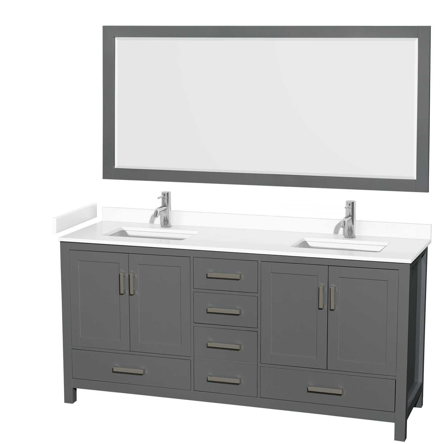 Sheffield 72" Double Vanity in Dark Gray, White Marble Top, Square 70" Mirror