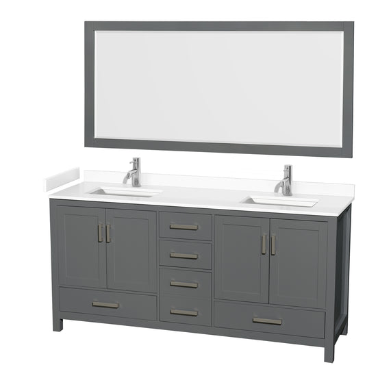 Sheffield 72" Double Vanity in Dark Gray, White Marble Top, Square 70" Mirror