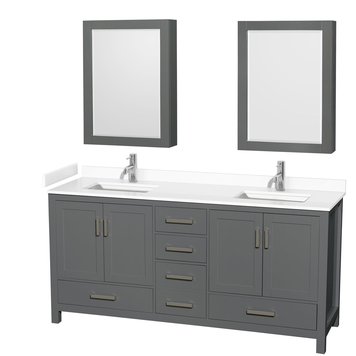 Sheffield 72" Double Vanity in Dark Gray, White Marble Top, Medicine Cabinets