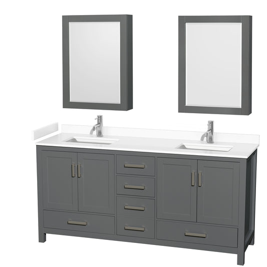 Sheffield 72" Double Vanity in Dark Gray, White Marble Top, Medicine Cabinets