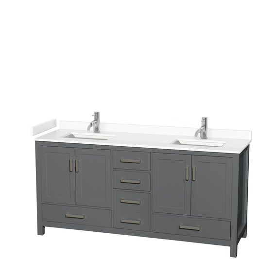 Sheffield 72" Double Vanity in Dark Gray, White Marble Top, Square No Mirror