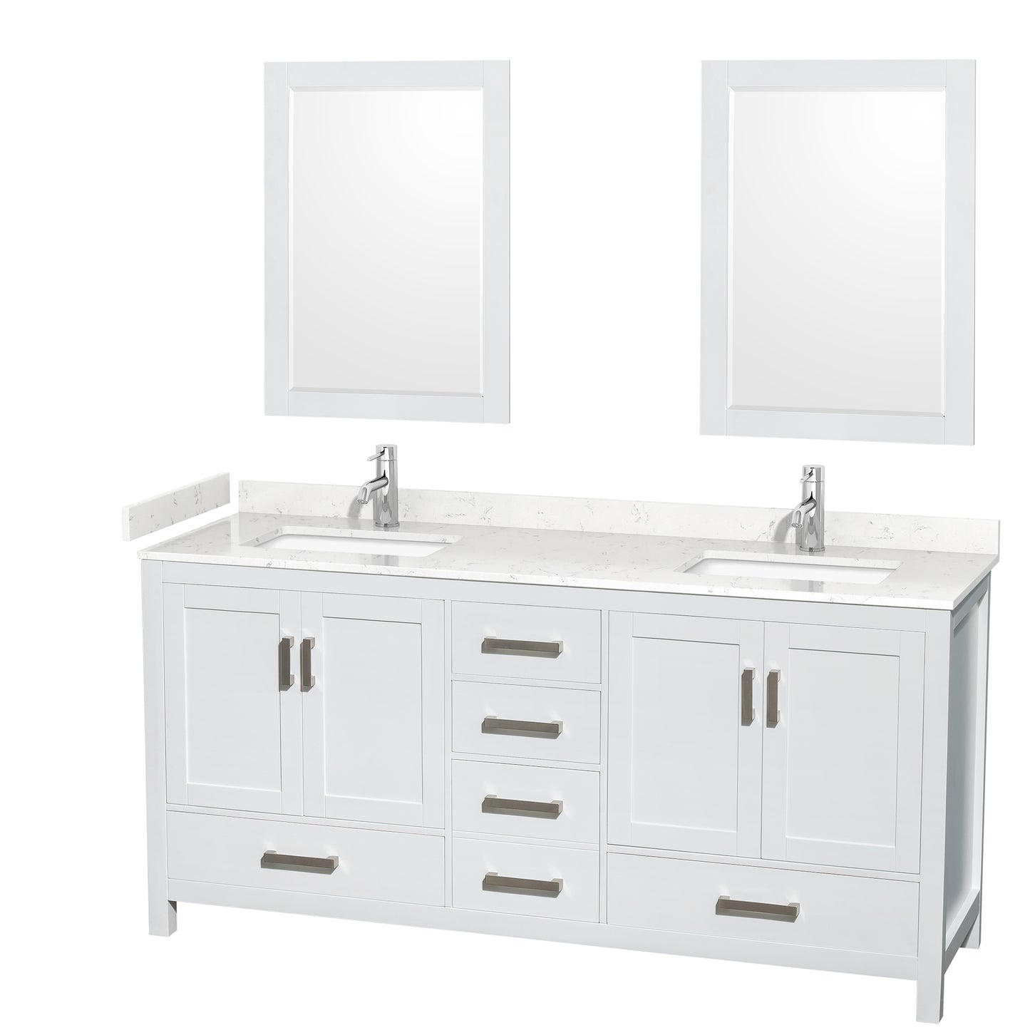Sheffield 72" Double Vanity in White, Carrara Marble Top, Square 24" Mirrors