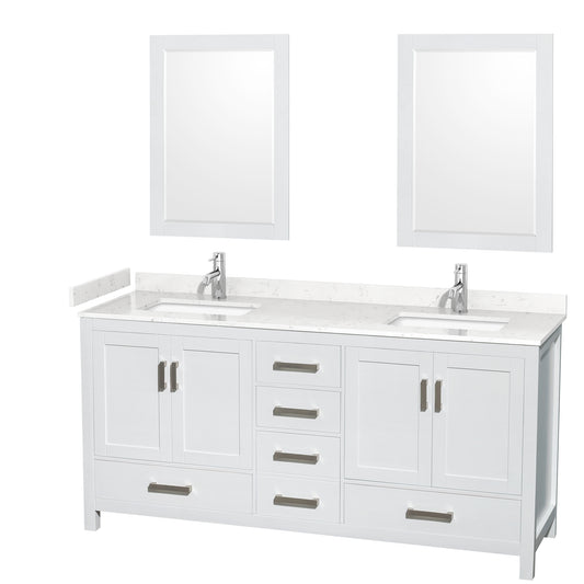 Sheffield 72" Double Vanity in White, Carrara Marble Top, Square 24" Mirrors