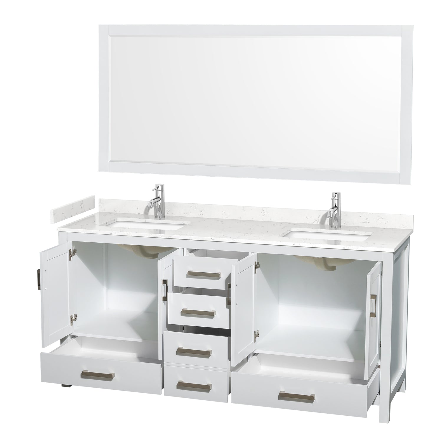 Sheffield 72" Double Vanity in White, Carrara Marble Top, Square 70" Mirror