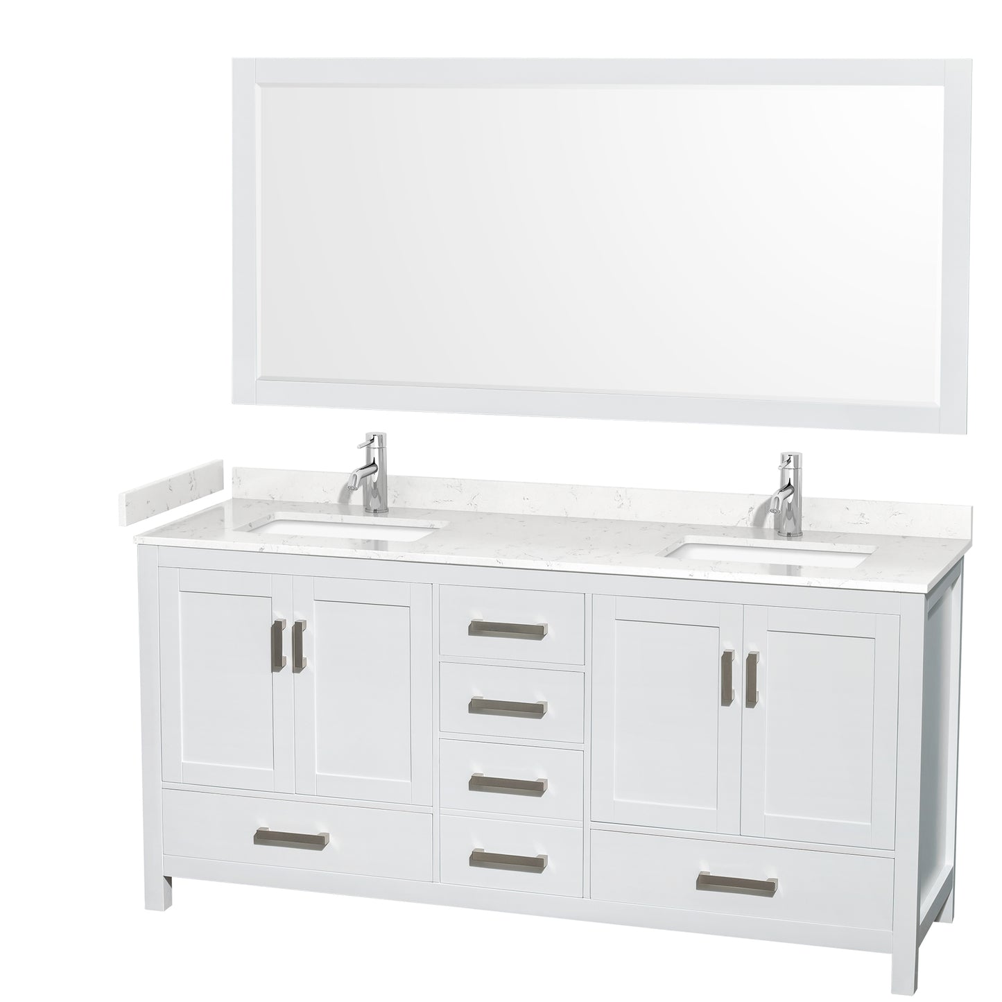 Sheffield 72" Double Vanity in White, Carrara Marble Top, Square 70" Mirror