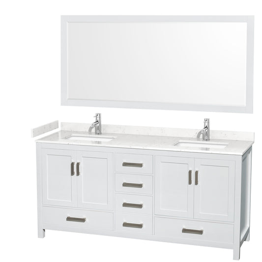 Sheffield 72" Double Vanity in White, Carrara Marble Top, Square 70" Mirror