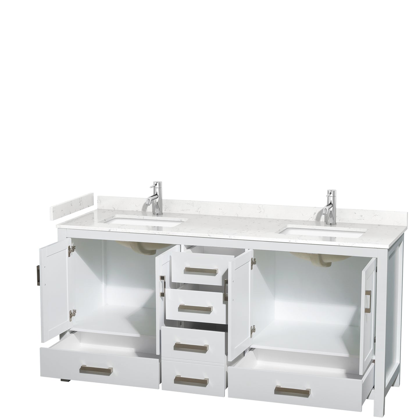 Sheffield 72" Double Vanity in White, Carrara Marble Top, Square No Mirror
