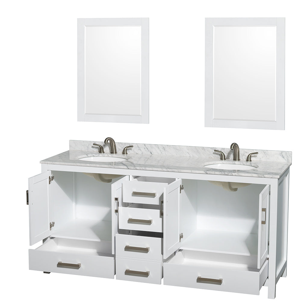 Sheffield 72" Double Vanity in White, Top, Oval Sinks, 24" Mirrors