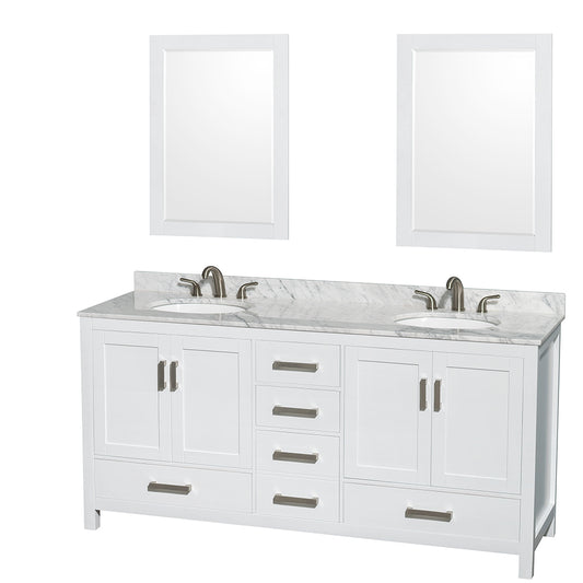 Sheffield 72 inch Double Bathroom Vanity in White, White Carrara Marble Countertop, Undermount Oval Sinks, and 24 inch Mirrors