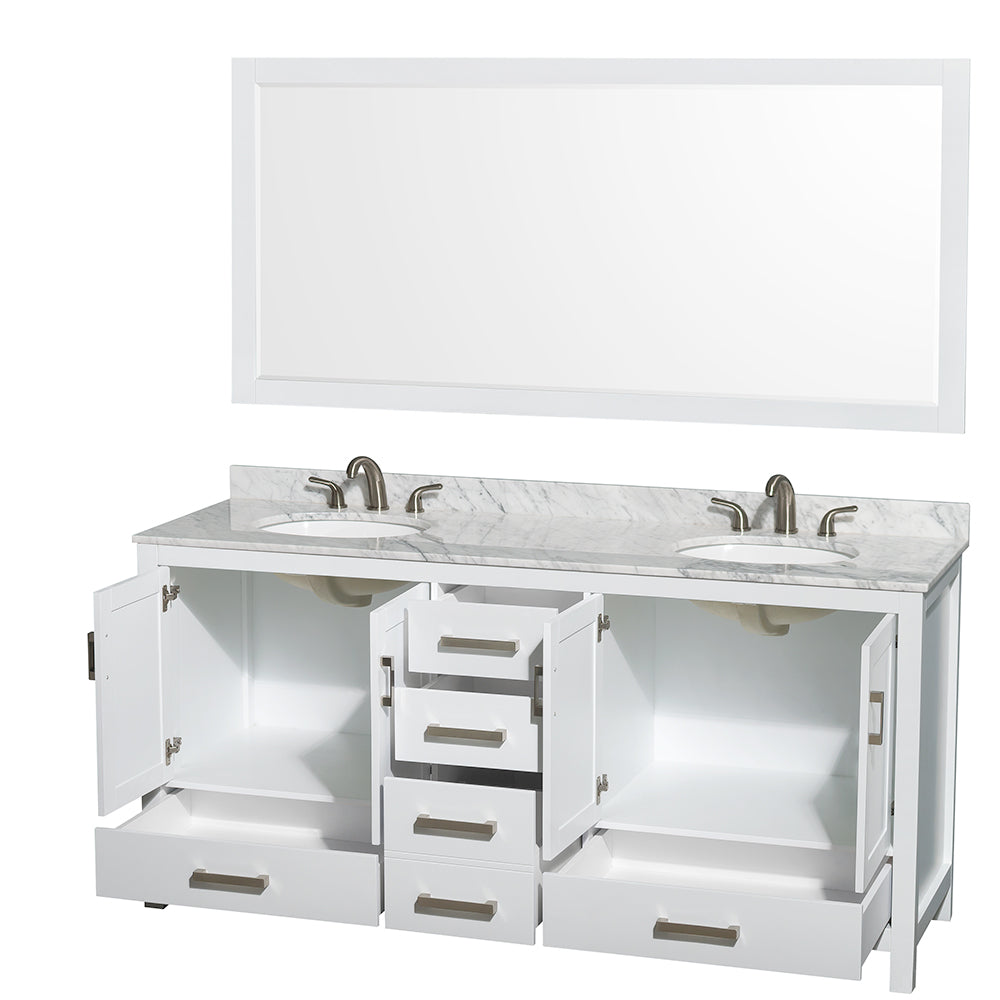 Sheffield 72" Double Vanity in White, Top, Oval Sinks, 70" Mirror