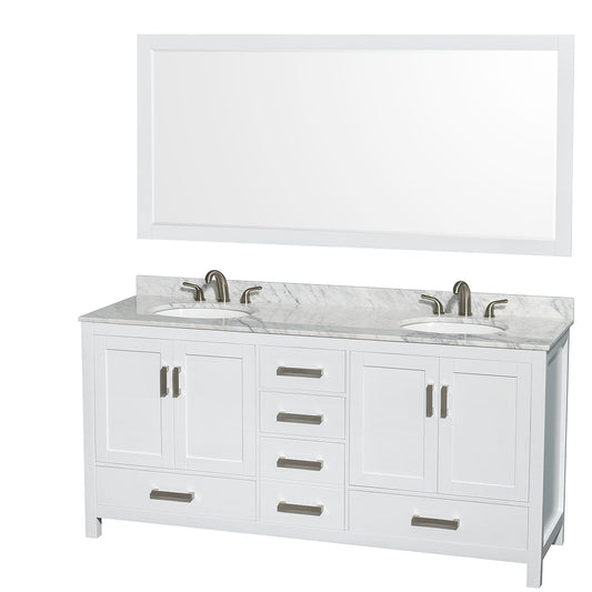 Sheffield 72 inch Double Bathroom Vanity in White, White Carrara Marble Countertop, Undermount Oval Sinks, and 70 inch Mirror