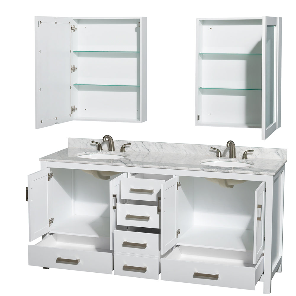 Sheffield 72" Double Vanity in White, Top, Oval Sinks, Medicine Cabinets