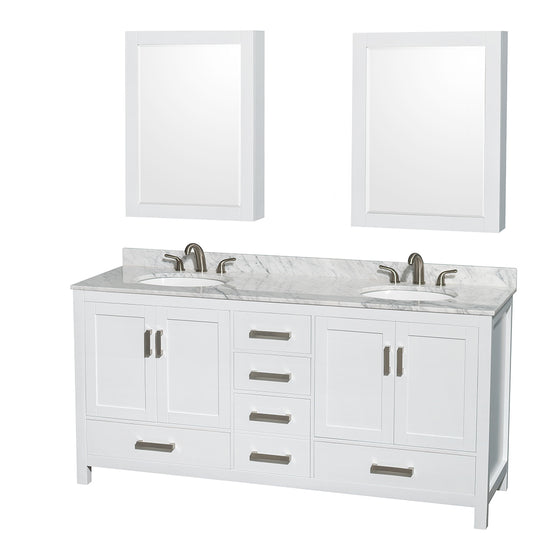 Sheffield 72 inch Double Bathroom Vanity in White, White Carrara Marble Countertop, Undermount Oval Sinks, and Medicine Cabinets