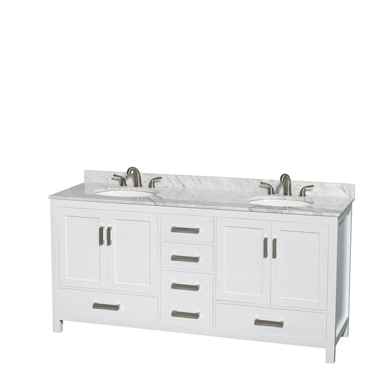 Sheffield 72 inch Double Bathroom Vanity in White, White Carrara Marble Countertop, Undermount Oval Sinks, and No Mirror