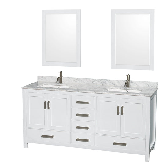 Sheffield 72 inch Double Bathroom Vanity in White, White Carrara Marble Countertop, Undermount Square Sinks, and 24 inch Mirrors