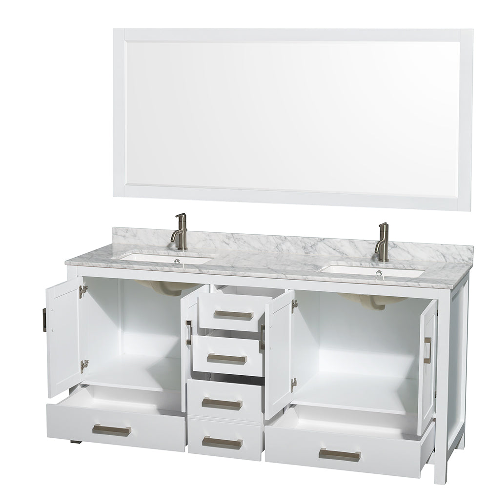 Sheffield 72" Double Vanity in White, Top, Square Sinks, 70" Mirror