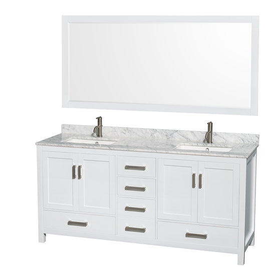 Sheffield 72 inch Double Bathroom Vanity in White, White Carrara Marble Countertop, Undermount Square Sinks, and 70 inch Mirror