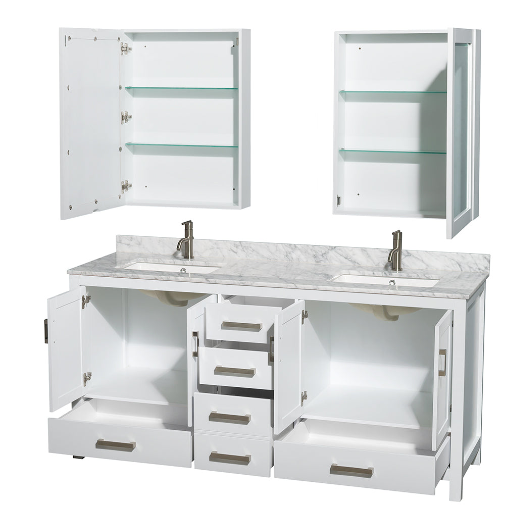 Sheffield 72" Double Vanity in White, top, Square Sinks, Medicine Cabinets