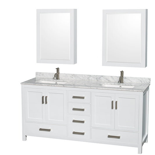 Sheffield 72 inch Double Bathroom Vanity in White, White Carrara Marble Countertop, Undermount Square Sinks, and Medicine Cabinets