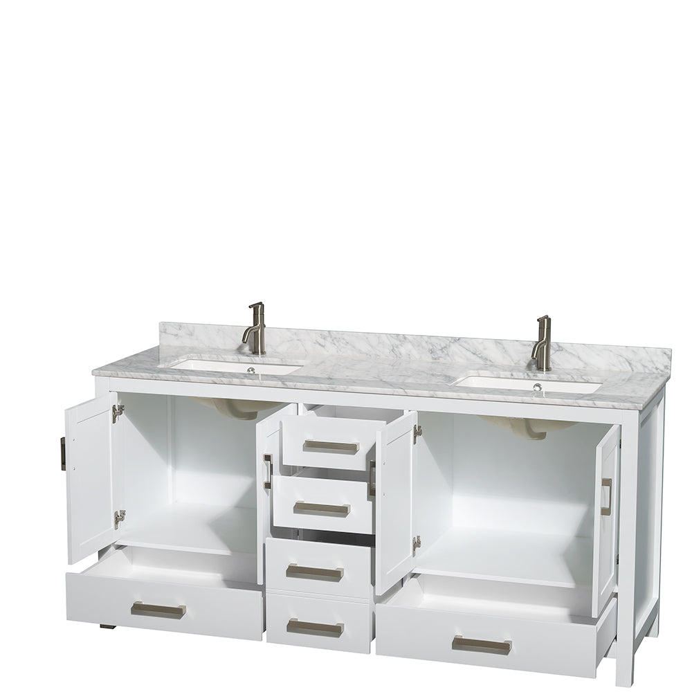 Sheffield 72" Double Vanity in White, Top, Square Sinks, No Mirror